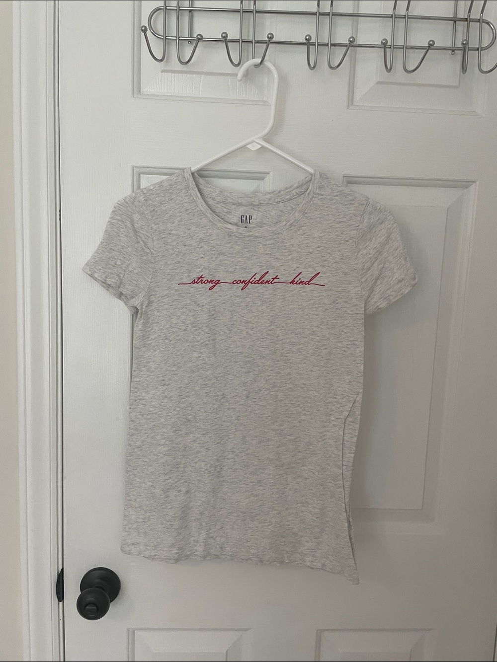 GAP Gray Tee with Pink Script "strong confident kind"